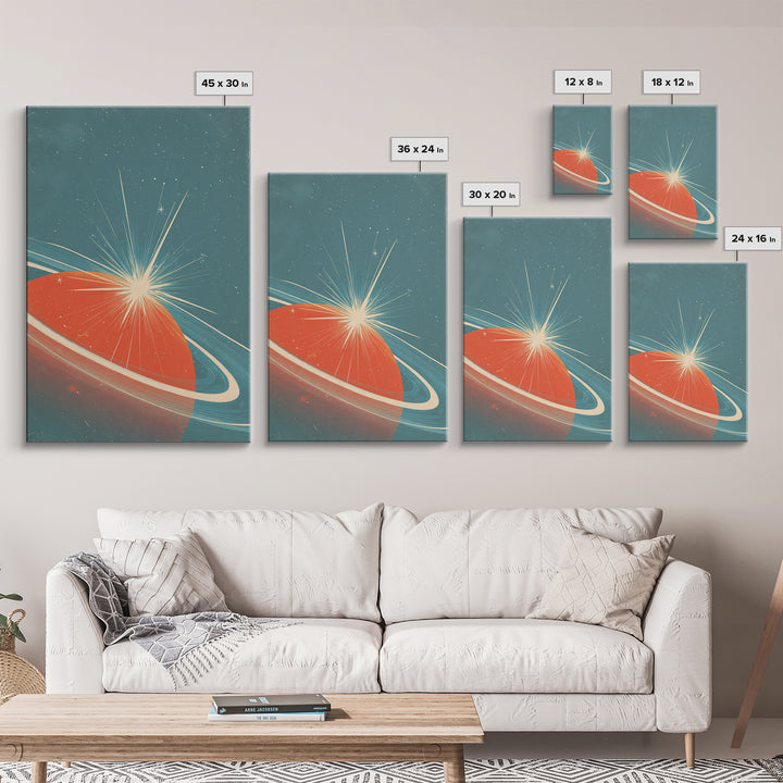 Retro Ringed Planet With Starburst Framed Canvas Print, Mid Century Modern Wall Art, Space Abstract Poster, Sci Fi Decor