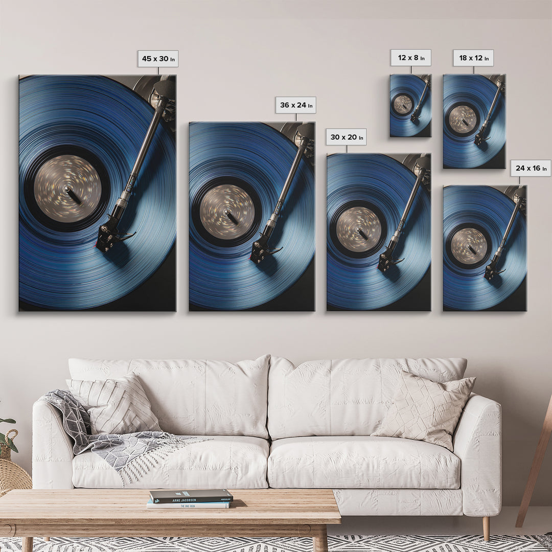 Blue Vinyl Record Canvas Print, Modern Wall Art For Music Lovers, Retro Turntable Poster, Moody Home Office Decor Gift For Him