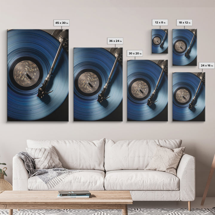 Blue Vinyl Record Canvas Print, Modern Wall Art For Music Lovers, Retro Turntable Poster, Moody Home Office Decor Gift For Him