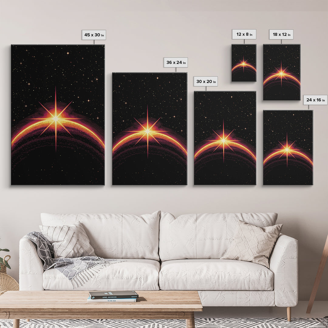 Cosmic Sunrise Over Dark Planet Wall Art, Retro Sci Fi Poster, Space Abstract Art Print, Mid Century Modern Decor, Starry Room Decor