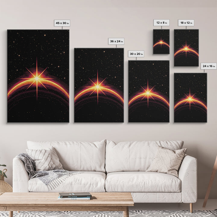 Cosmic Sunrise Over Dark Planet Wall Art, Retro Sci Fi Poster, Space Abstract Art Print, Mid Century Modern Decor, Starry Room Decor