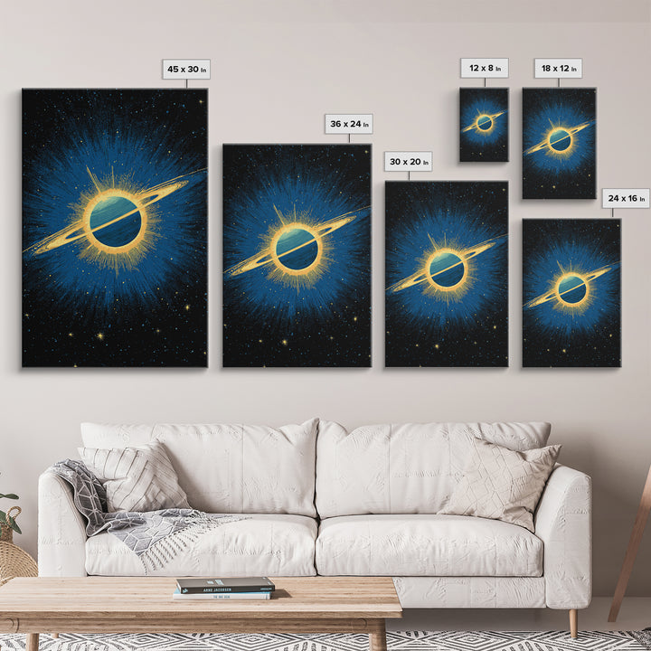 Blue Saturn Eclipse Burst Canvas Print, Retro Sci Fi Space Poster, Modern Wall Art, Midcentury Cosmic Decor, Galaxy Gift