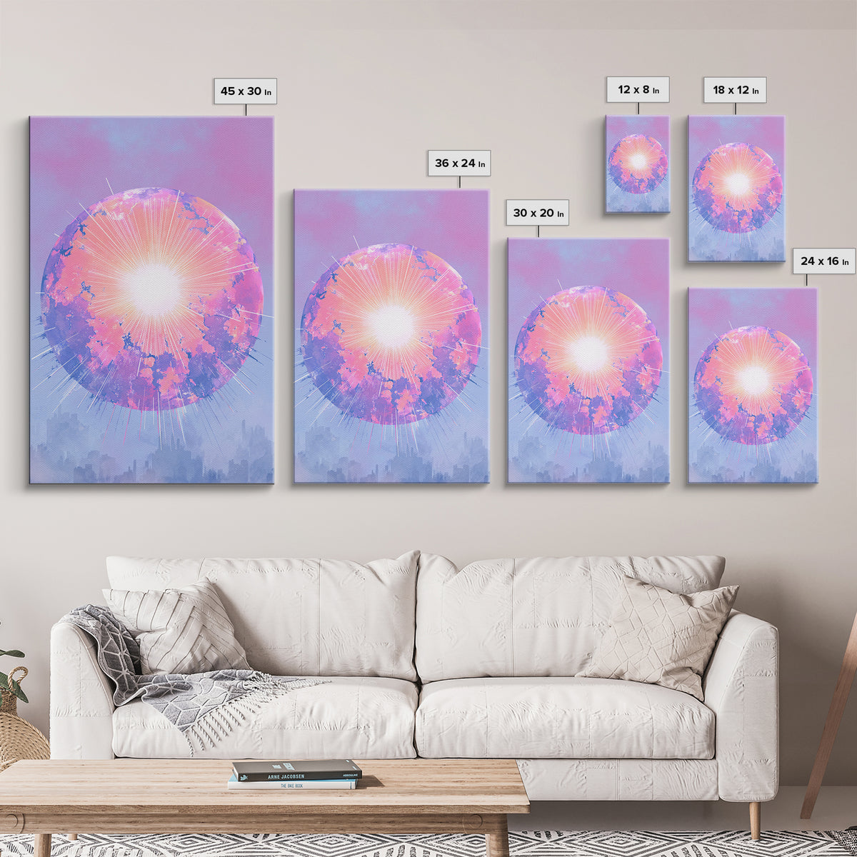 Pink Glowing Planet Over Skyline Wall Art, Pastel Sci Fi Poster, Modern Art Print, Dreamy Space Decor, Retro Galaxy Gift