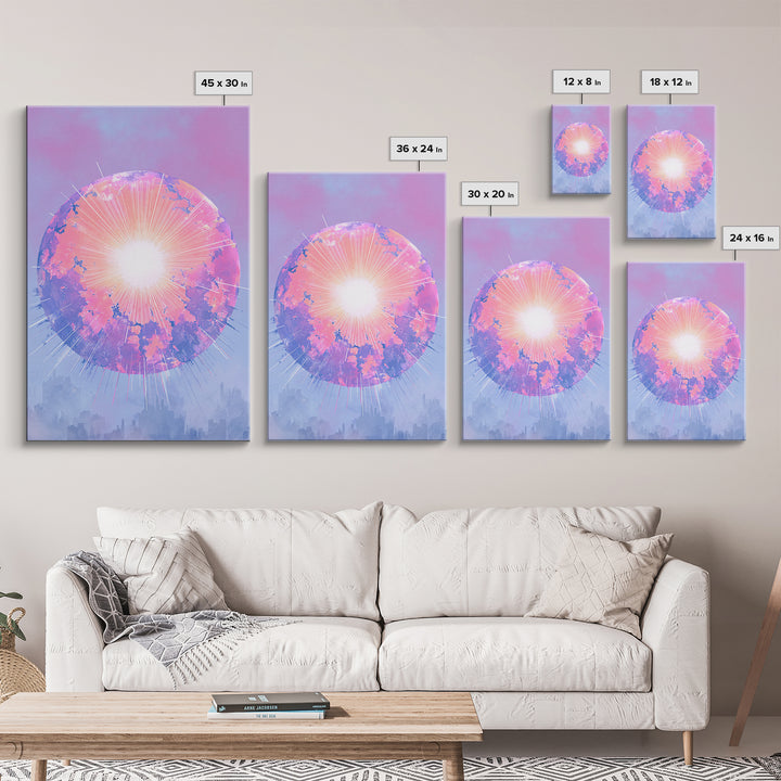 Pink Glowing Planet Over Skyline Wall Art, Pastel Sci Fi Poster, Modern Art Print, Dreamy Space Decor, Retro Galaxy Gift