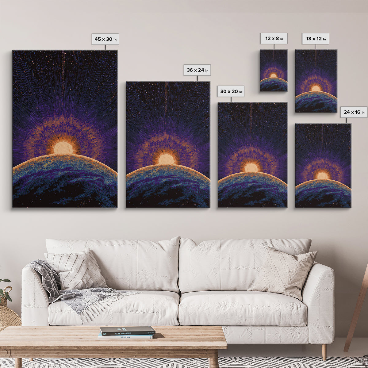 Purple Planet Sunrise Horizon Canvas Print, Retro Sci Fi Space Poster, Modern Wall Art, Midcentury Starburst Decor Gift Idea