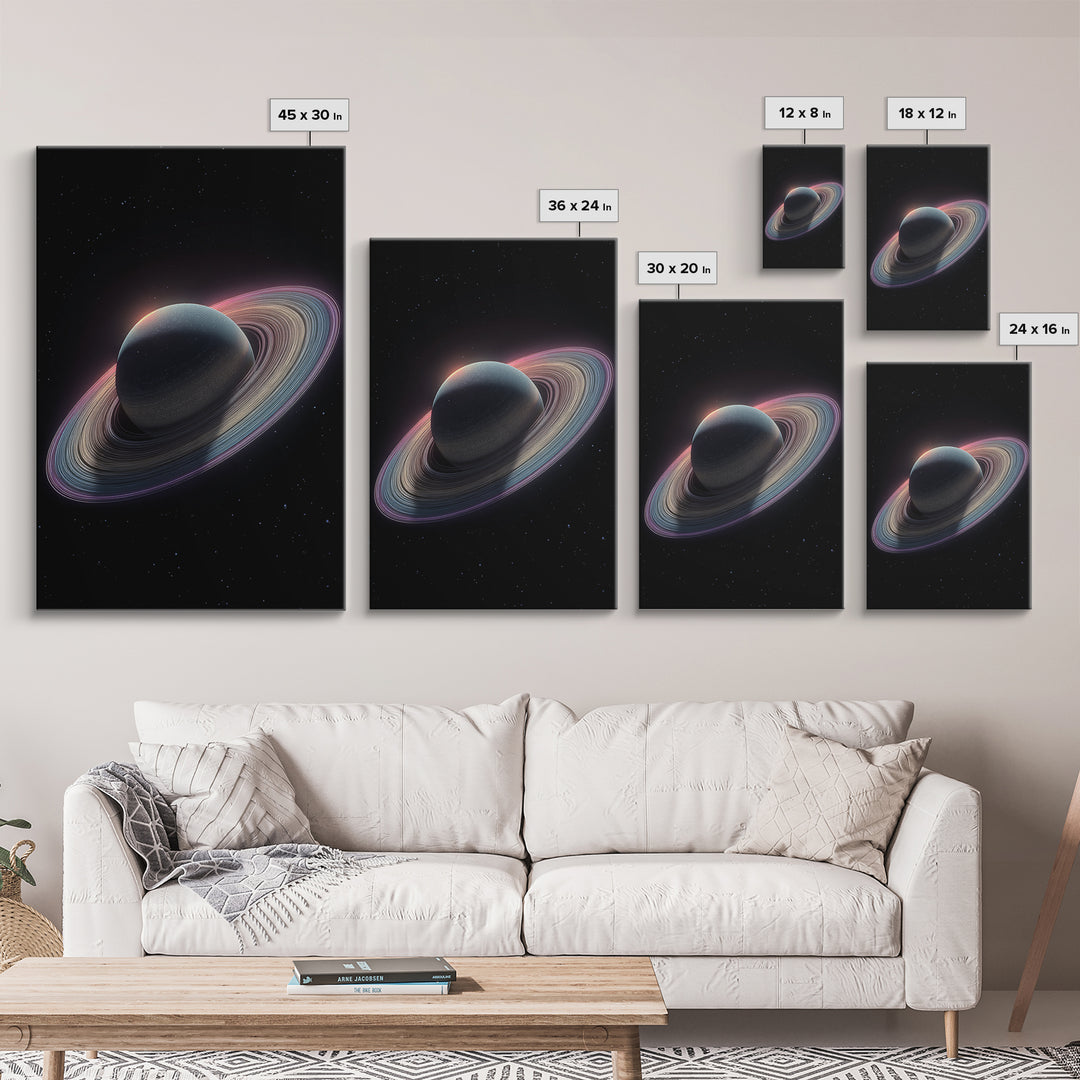 Dark Saturn With Iridescent Rings Wall Art, Realistic Sci Fi Space Poster, Modern Art Print, Cosmic Retro Home Decor Gift