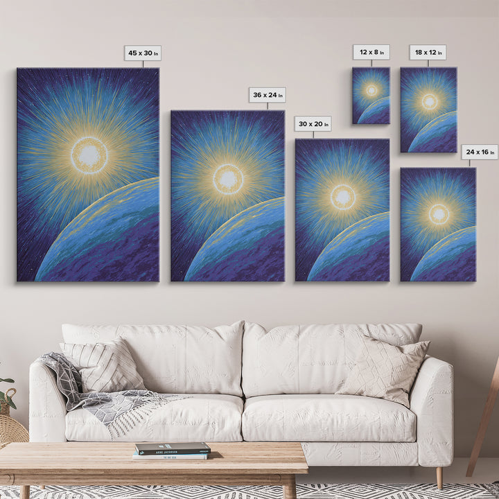 Radiant Sun Above Blue Planet Canvas Print, Retro Sci Fi Space Poster, Modern Wall Art, Midcentury Cosmic Home Decor Gift
