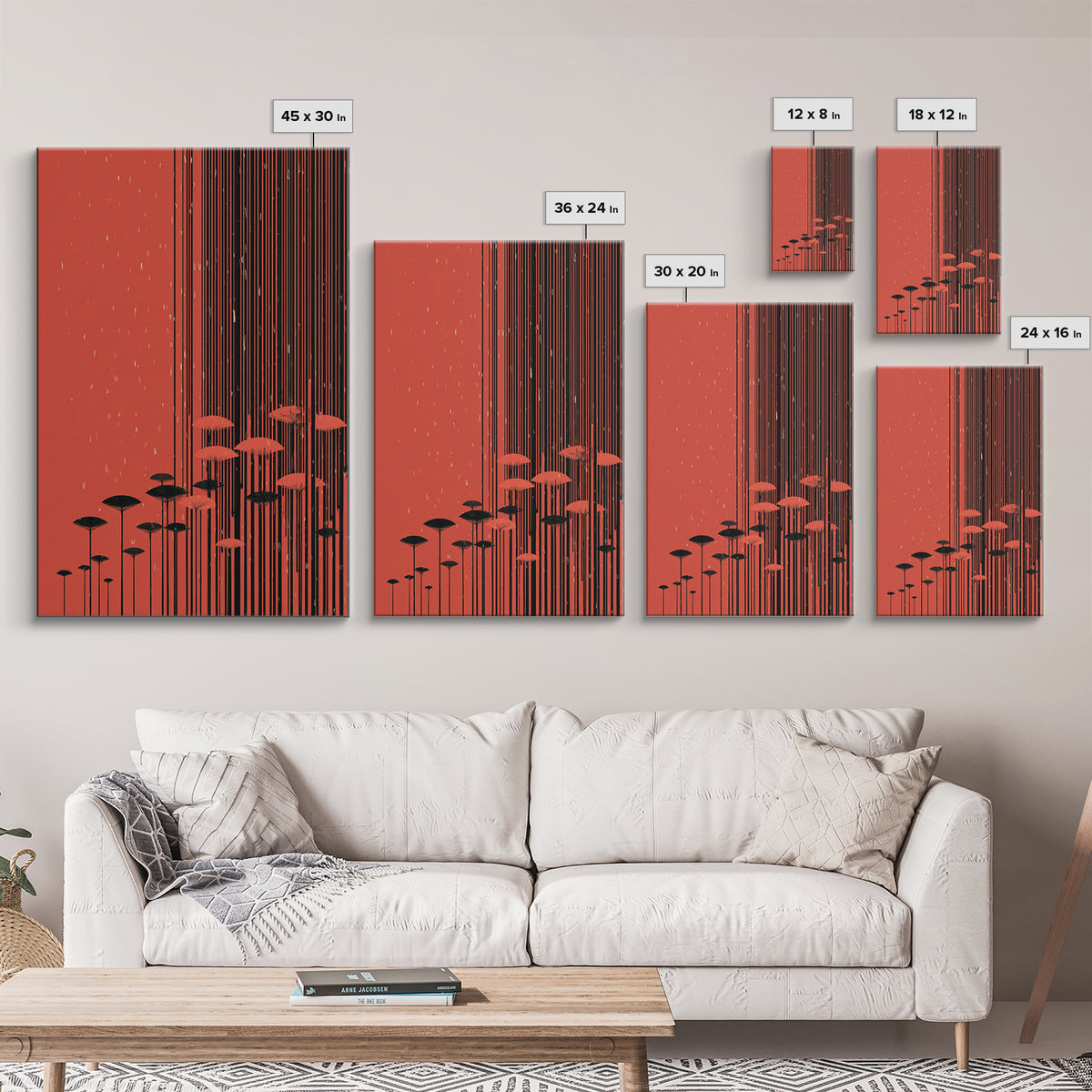 Red Abstract Rain Umbrella Wall Art, Midcentury Modern Art Print, Japanese Poster Style, Geometric Retro Home Decor Gift