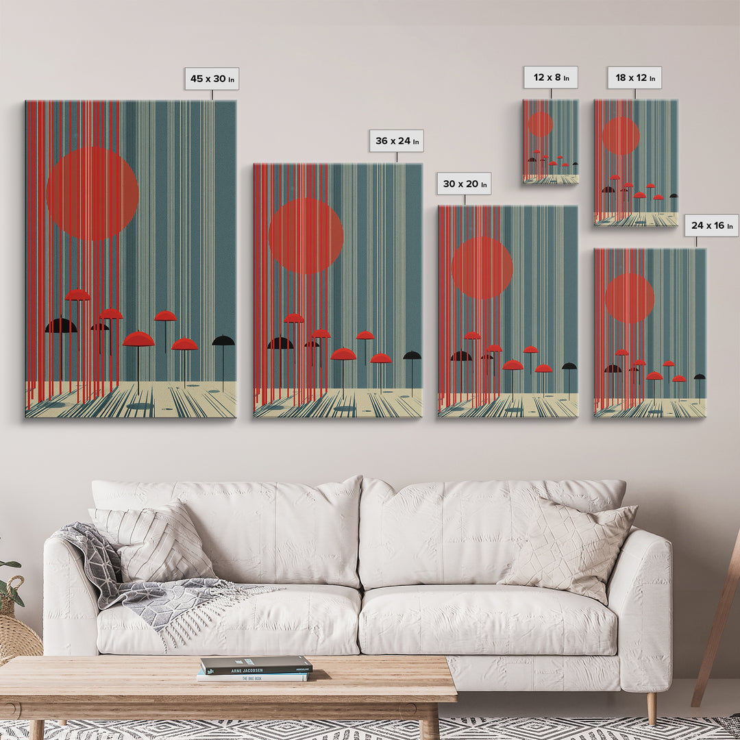 Teal Red Sun And Rain Umbrellas Canvas Print, Midcentury Modern Wall Art, Geometric Japanese Poster, Retro Decor Gift Idea