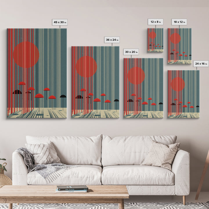 Teal Red Sun And Rain Umbrellas Canvas Print, Midcentury Modern Wall Art, Geometric Japanese Poster, Retro Decor Gift Idea