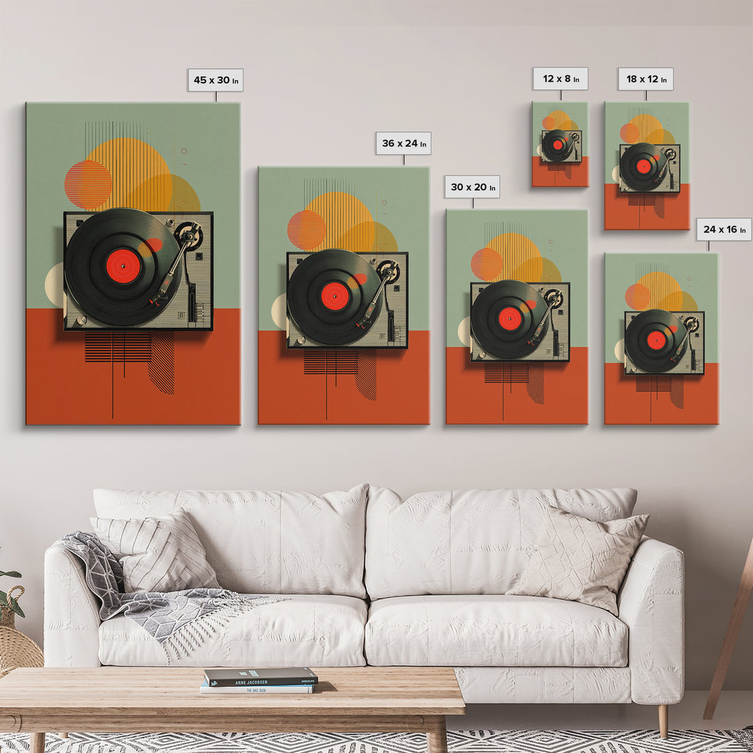Retro Turntable Sun Shapes Framed Canvas Print, Midcentury Modern Wall Art, Orange Green Music Room Decor Poster For Vinyl Lovers