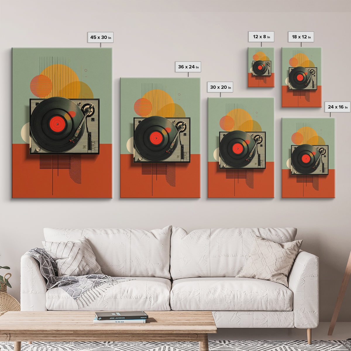 Retro Turntable Sun Shapes Framed Canvas Print, Midcentury Modern Wall Art, Orange Green Music Room Decor Poster For Vinyl Lovers