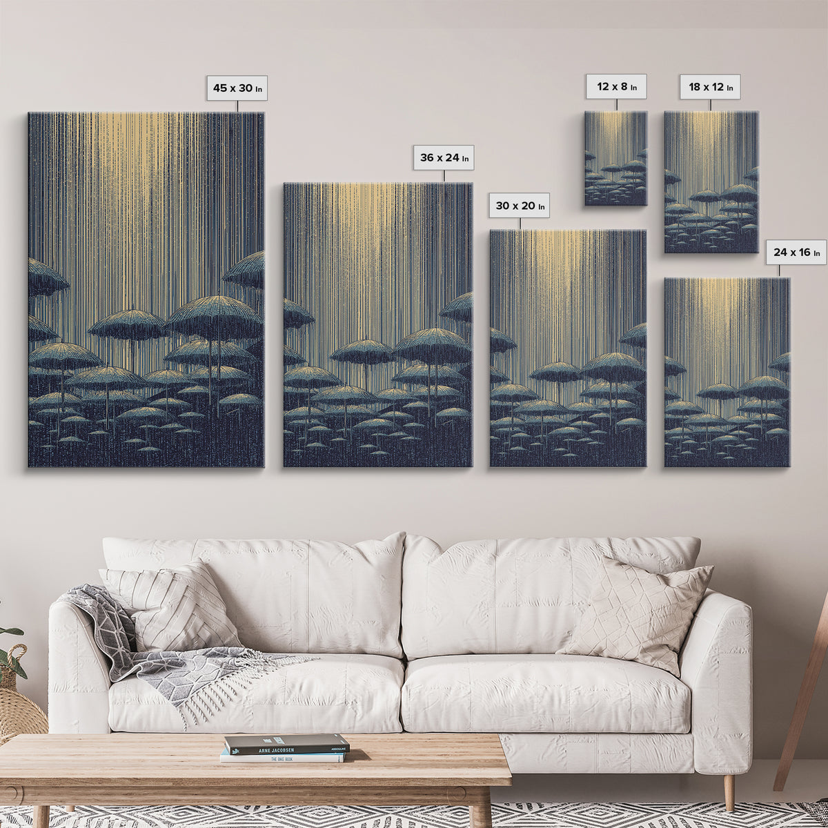 Blue Rainy Umbrella Moonlight Wall Art, Midcentury Modern Art Print, Japanese Poster Style, Retro Scenic Home Decor Gift