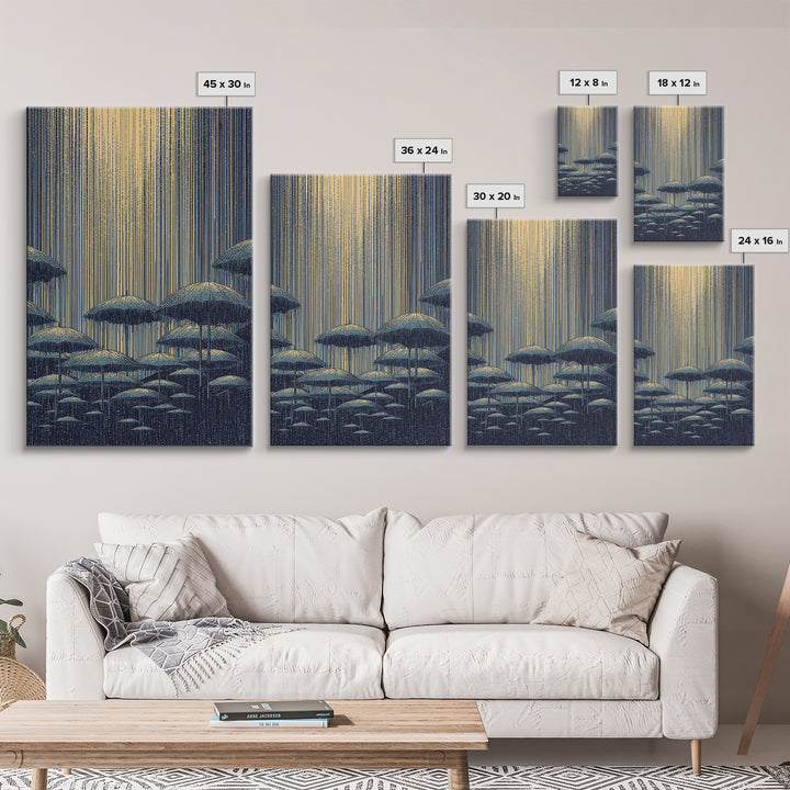 Blue Rainy Umbrella Moonlight Wall Art, Midcentury Modern Art Print, Japanese Poster Style, Retro Scenic Home Decor Gift