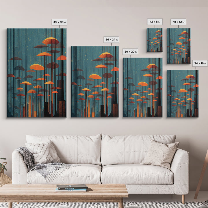 Rainy Teal Forest With Orange Umbrella Mushrooms Wall Art, Midcentury Modern Art Print, Retro Mcm Decor, Surreal Nature Poster