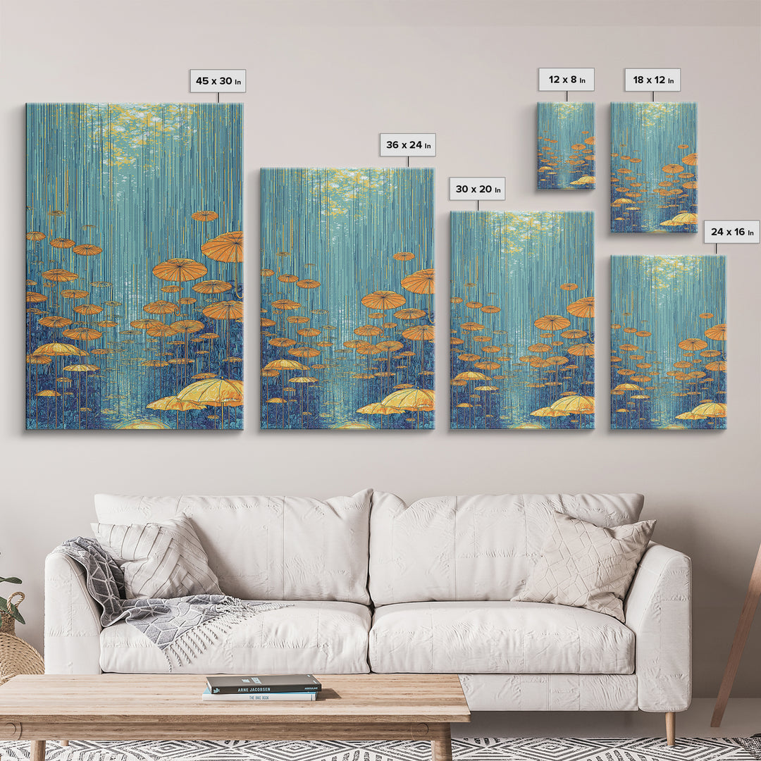 Golden Parasol Mushrooms In Blue Rain Canvas Print, Midcentury Modern Wall Art, Retro Botanical Decor, Colorful Nature Poster