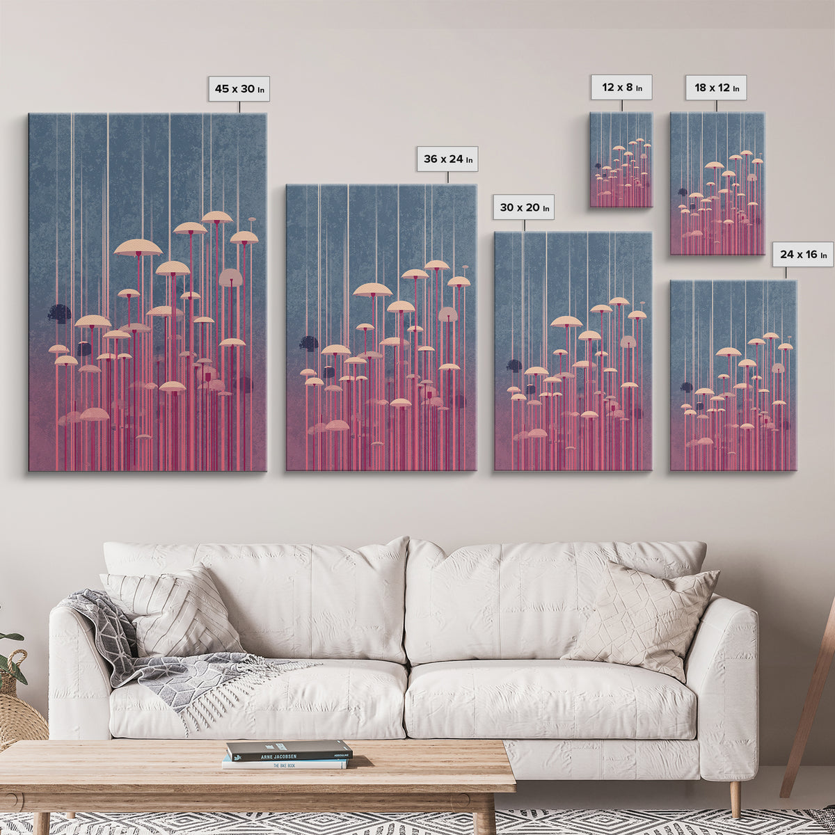 Pastel Pink Umbrella Forest In Mist Framed Canvas Print, Midcentury Modern Wall Art, Retro Mcm Decor, Dreamy Abstract Poster