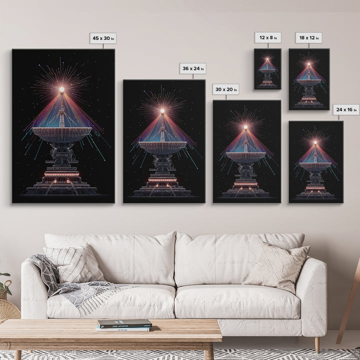 Radio Telescope Starburst On Black Canvas Print, Midcentury Modern Space Poster, Sci Fi Wall Art, Retro Cosmic Office Decor