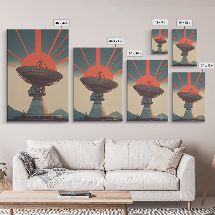 Mountain Radio Telescope With Red Sunbeams Framed Canvas Print, Midcentury Modern Wall Art, Retro Space Poster, Mcm Decor