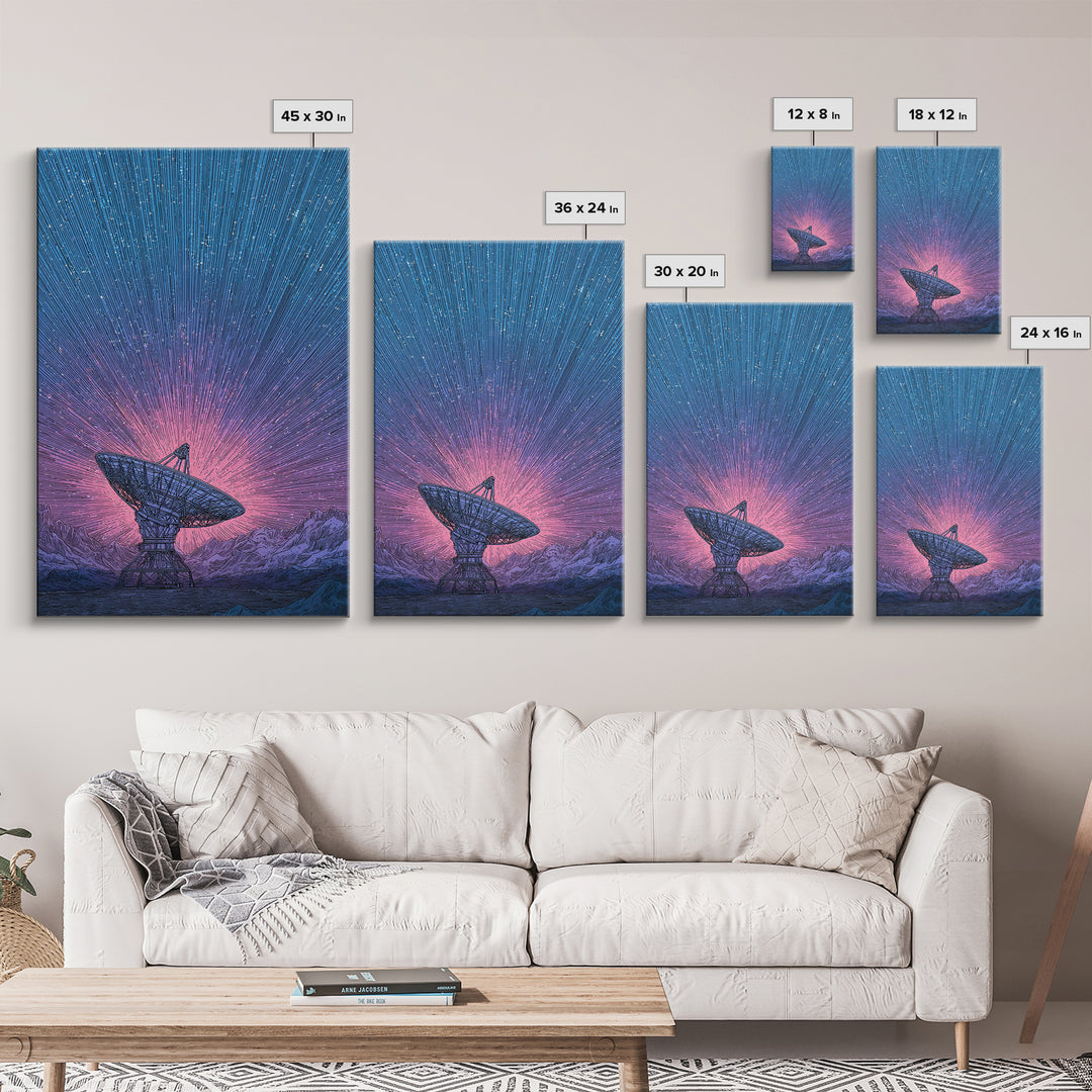 Mountain Satellite Dish With Pink Data Beams Wall Art, Midcentury Modern Sci Fi Poster, Space Abstract Art, Retro Decor Print