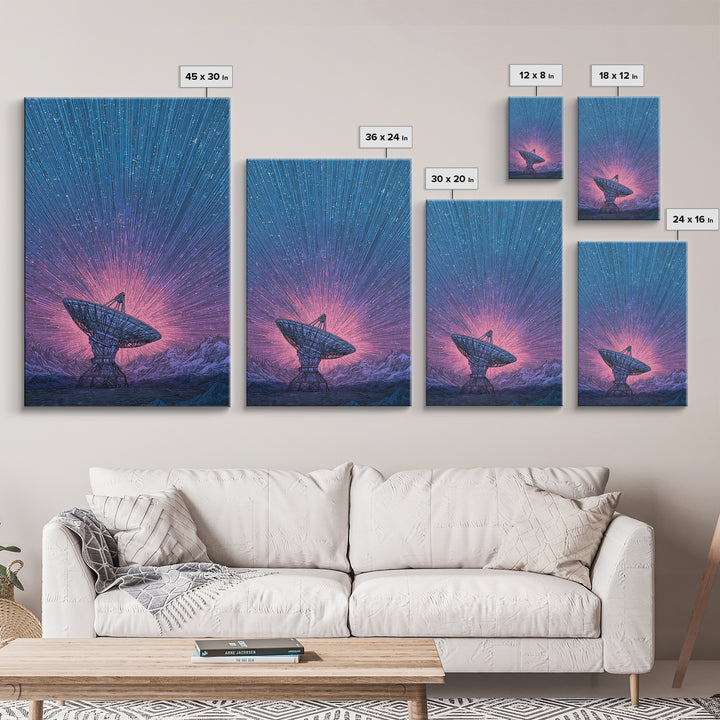 Mountain Satellite Dish With Pink Data Beams Wall Art, Midcentury Modern Sci Fi Poster, Space Abstract Art, Retro Decor Print