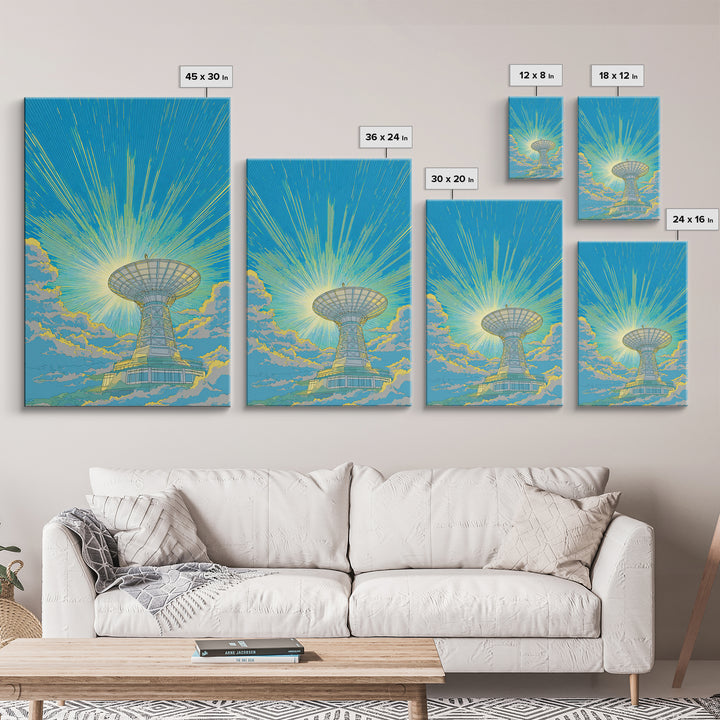 Bright Sky Satellite Dish With Neon Rays Canvas Print, Midcentury Modern Wall Art, Retro Space Poster, Colorful Office Decor