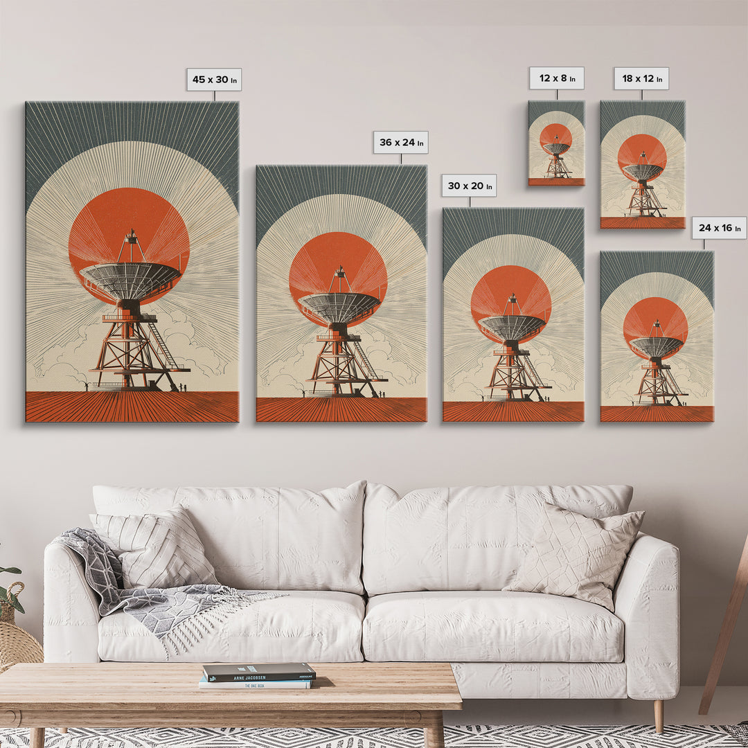 Orange Eclipse Radio Telescope In Desert Wall Art, Midcentury Modern Space Poster, Retro Futurism Decor, Geometric Art Print