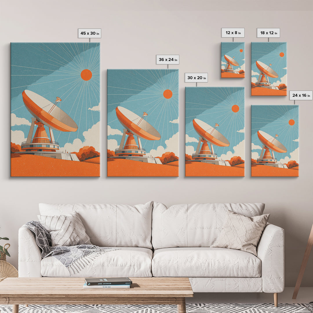 Orange Satellite Dish Under Blue Sun Canvas Print, Midcentury Modern Wall Art, Retro Space Poster, Atomic Mcm Office Decor