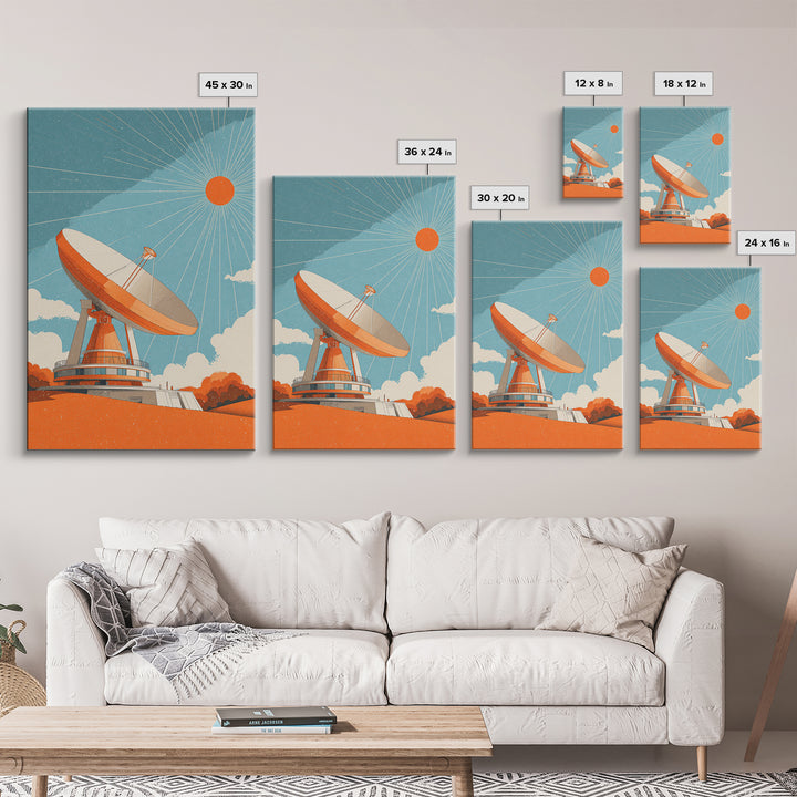 Orange Satellite Dish Under Blue Sun Canvas Print, Midcentury Modern Wall Art, Retro Space Poster, Atomic Mcm Office Decor