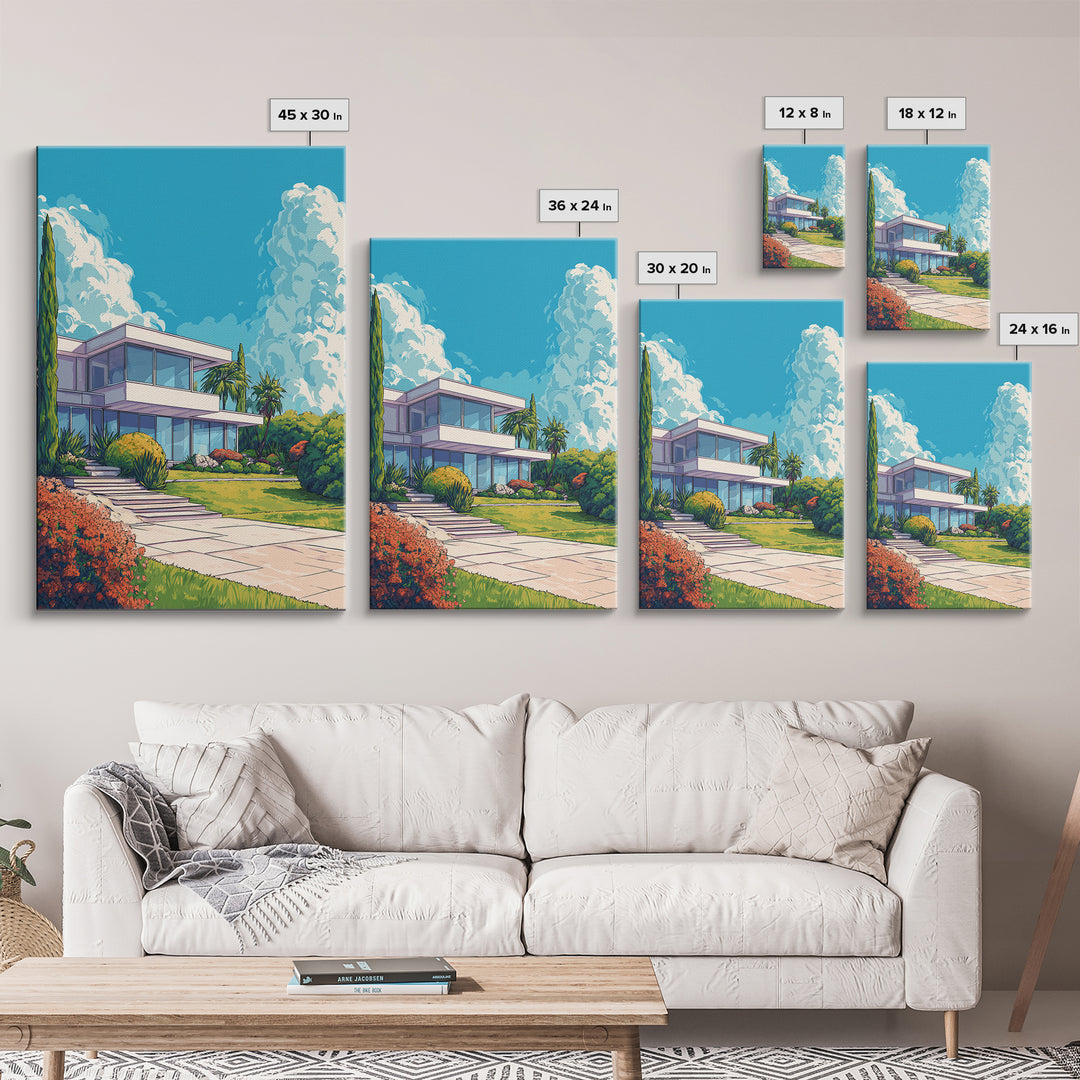 Palm Springs Modernist House Canvas Print, Mid Century Architecture Wall Decor, Retro Travel Poster, Colorful MCM Home Art
