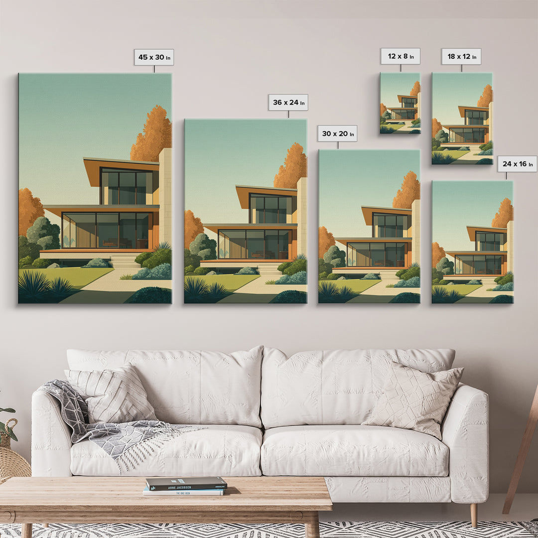 Warm Mid Century Modern House Framed Canvas Print, Architectural Wall Decor, MCM Home Artwork, Minimalist Retro Poster Prints