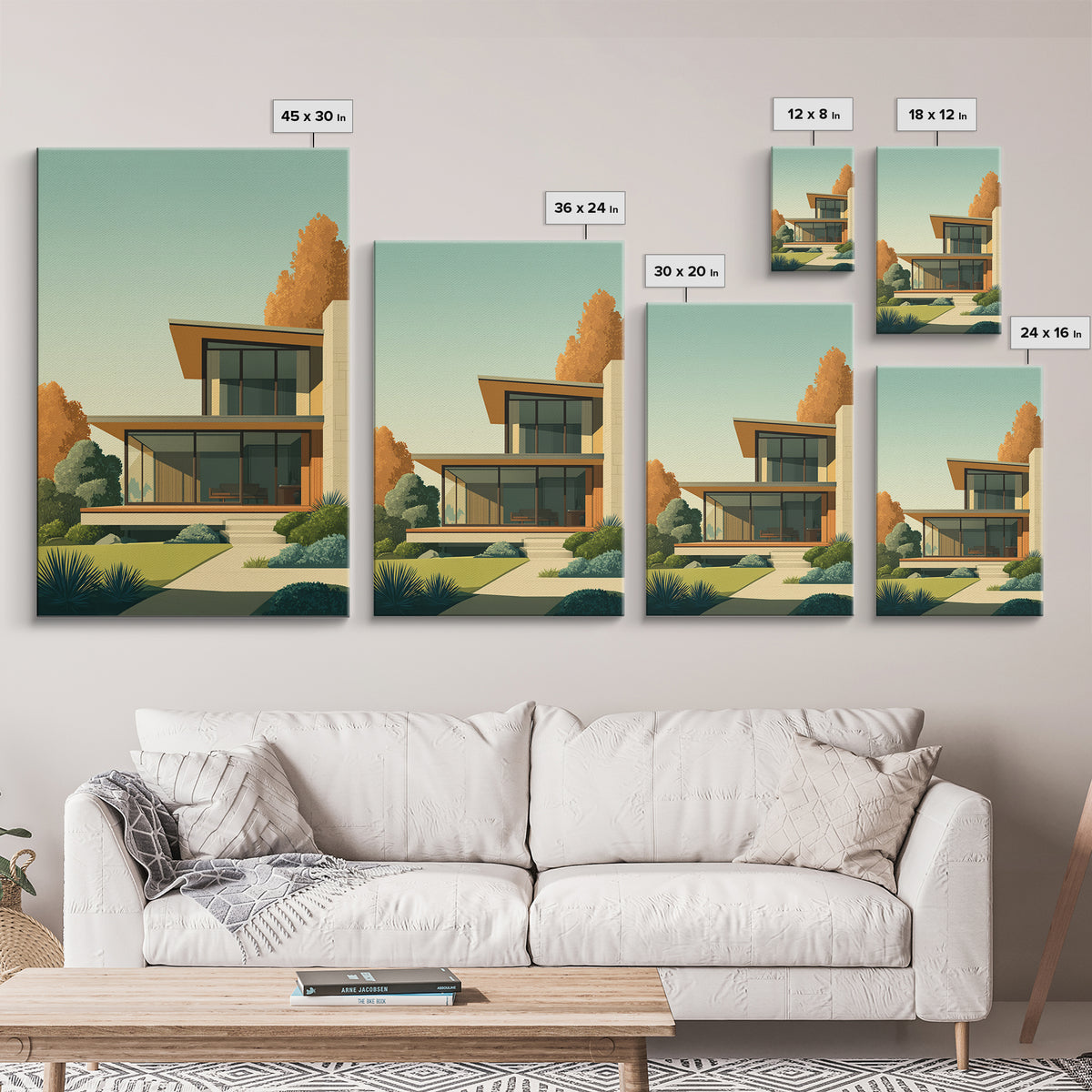 Warm Mid Century Modern House Framed Canvas Print, Architectural Wall Decor, MCM Home Artwork, Minimalist Retro Poster Prints
