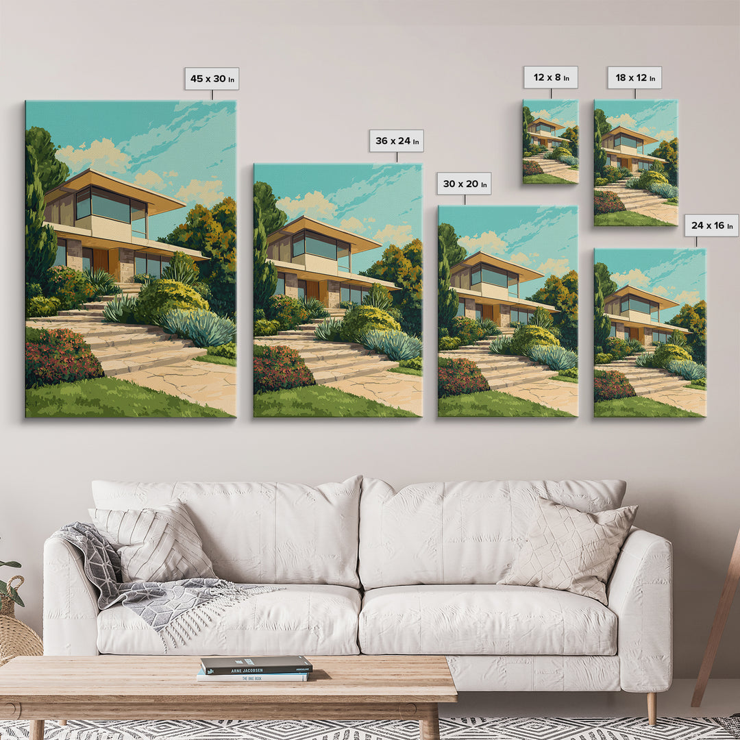 Lush Mid Century Modern House Canvas Print, Architectural Garden Wall Decor, MCM Landscape Poster, Retro Home Office Art