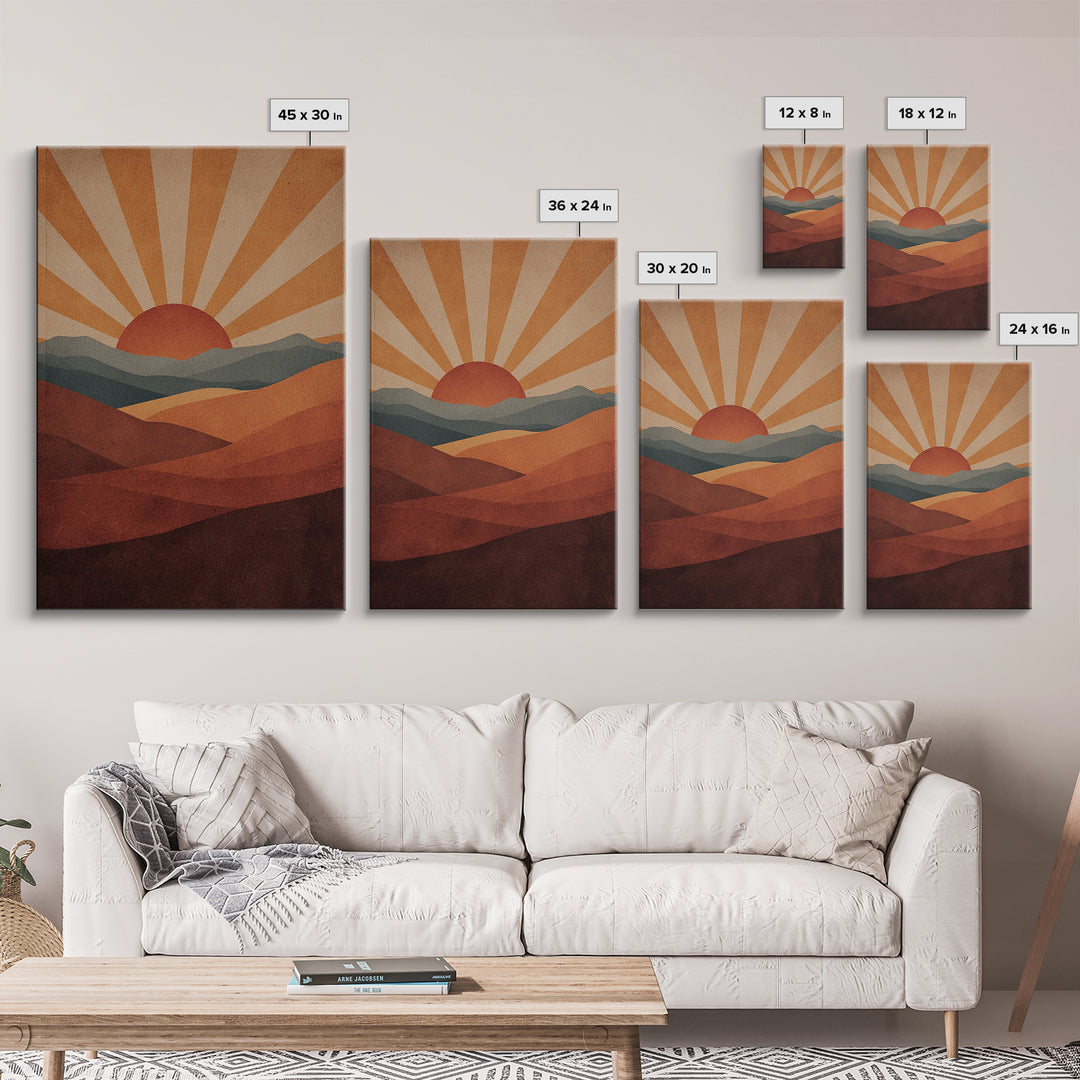 Retro Desert Sunrise Wall Art, Mid Century Sun Poster, Burnt Orange Landscape Print, Southwestern Decor, Boho MCM Art Gift