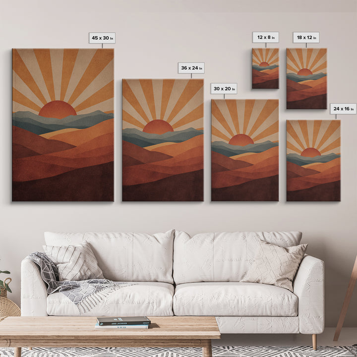 Retro Desert Sunrise Wall Art, Mid Century Sun Poster, Burnt Orange Landscape Print, Southwestern Decor, Boho MCM Art Gift
