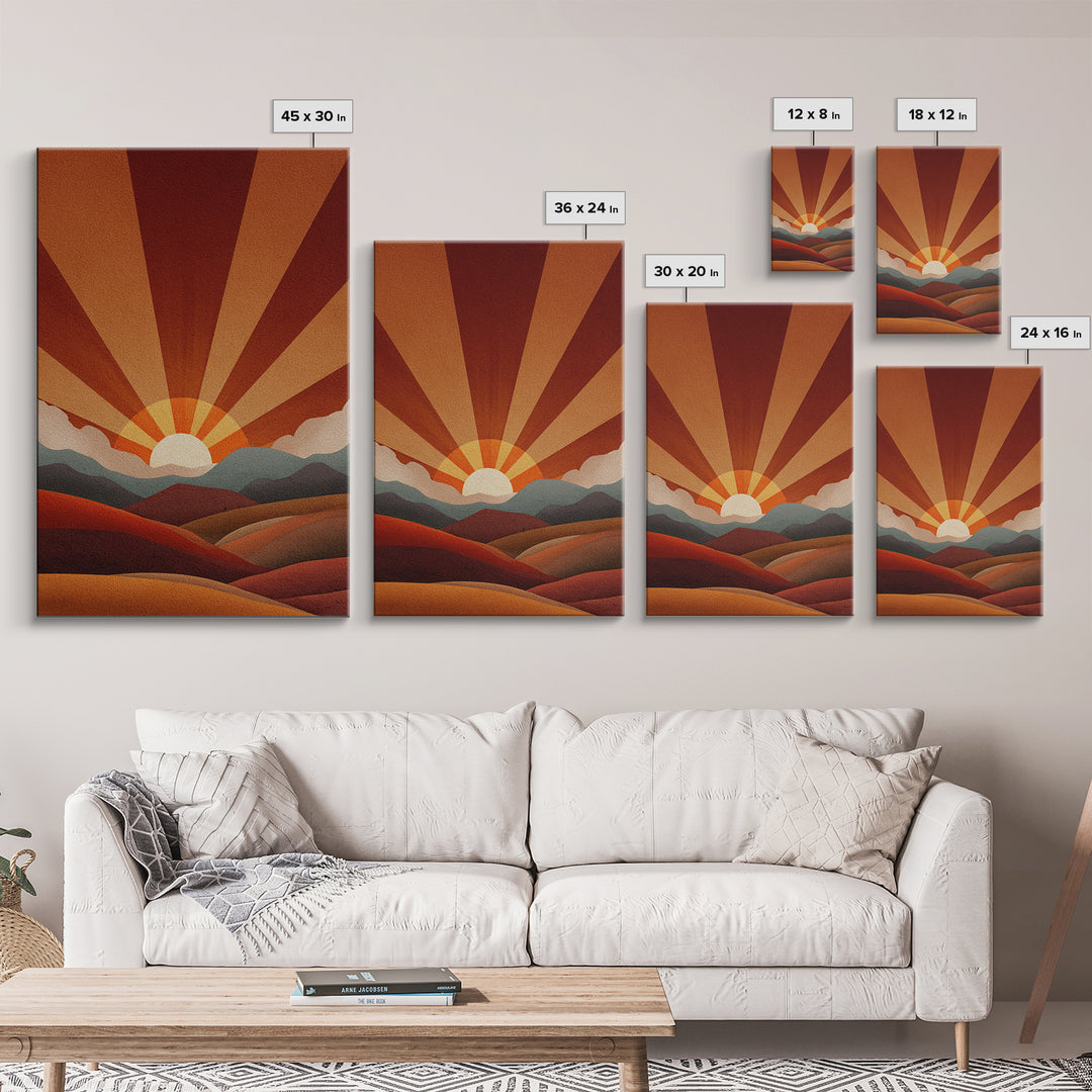 Burnt Orange Sunrise Wall Art, Retro Mountain Landscape Poster, Mid Century Sun Print, Warm Desert Decor, Boho MCM Art Gift