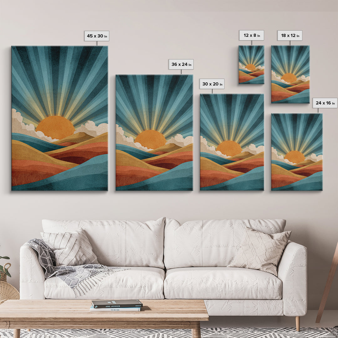 Teal Orange Sunrise Canvas Print, Retro Desert Mountain Wall Decor, Mid Century Sun Art, Boho Abstract Landscape Poster Print
