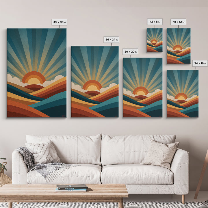 Geometric Sunrise Wall Art, Retro Rainbow Mountain Poster, Mid Century Sun Print, Colorful Abstract MCM Home Decor Gift Idea