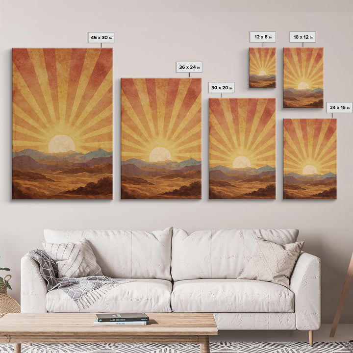 Radiant Desert Sunrise Mountains Wall Art, Mid Century Modern Poster, Retro Orange Landscape Print, Southwestern Living Room Decor