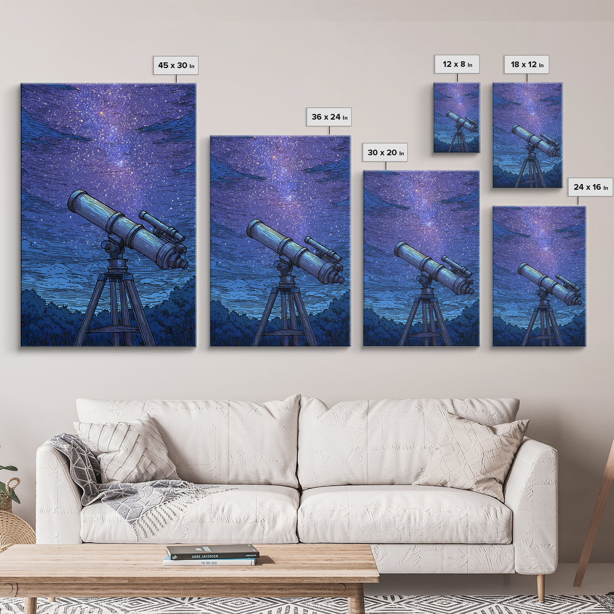 Blue Starry Telescope Wall Art, Mid Century Modern Space Poster, Astronomy Print, Night Sky Decor For Office And Dorm Room