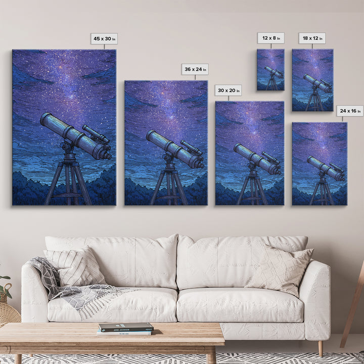 Blue Starry Telescope Wall Art, Mid Century Modern Space Poster, Astronomy Print, Night Sky Decor For Office And Dorm Room