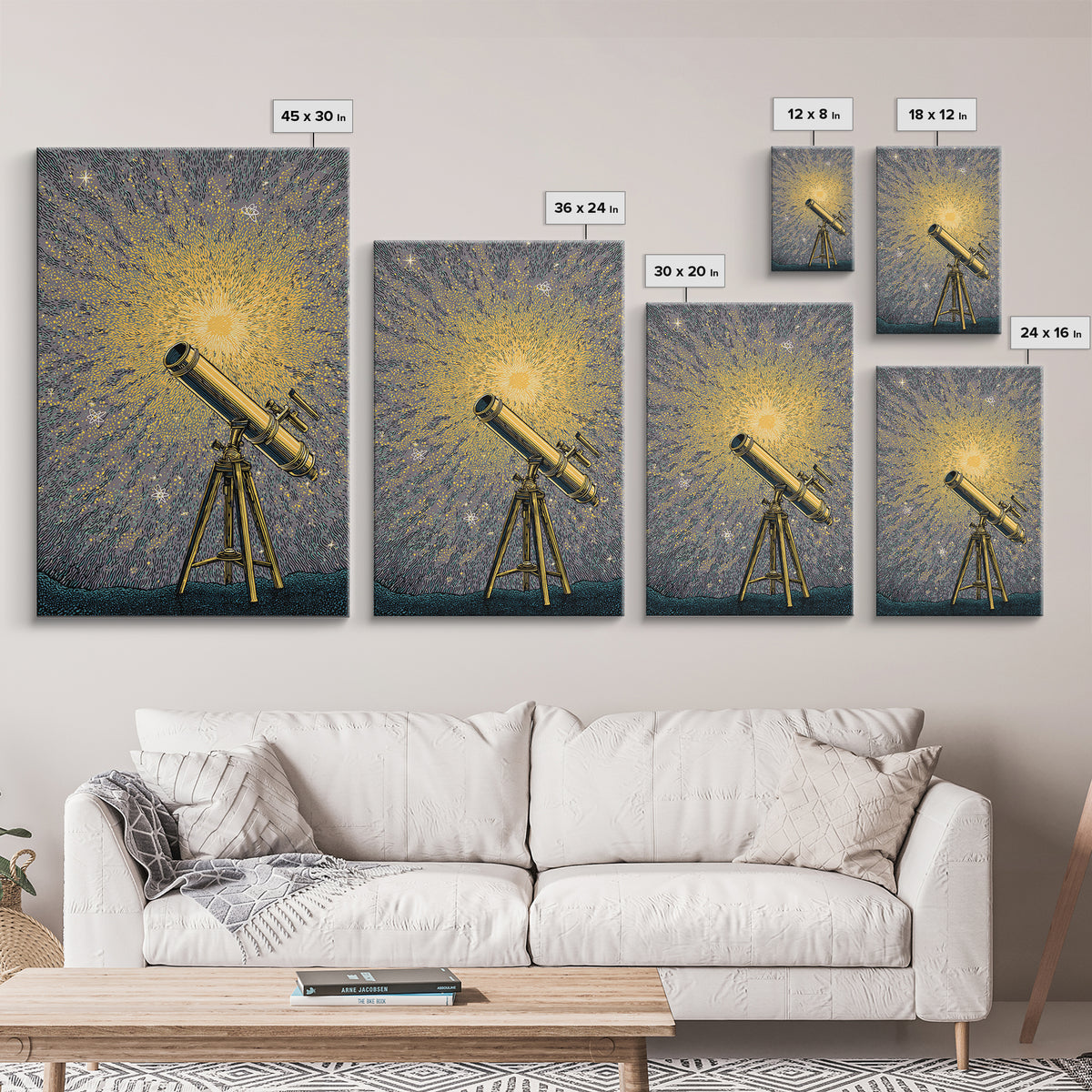 Golden Starburst Telescope Canvas Print, Mid Century Modern Astronomy Poster, Retro Space Wall Decor, Statement Office Art