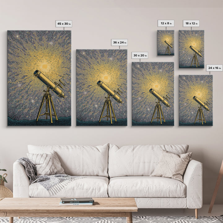 Golden Starburst Telescope Canvas Print, Mid Century Modern Astronomy Poster, Retro Space Wall Decor, Statement Office Art
