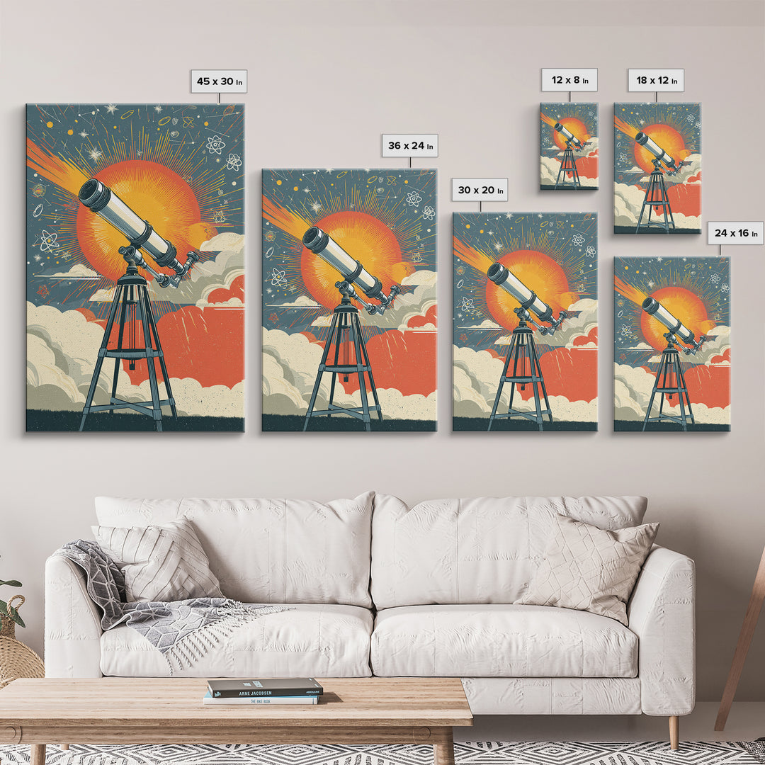 Giant Sun Telescope Wall Art, Mid Century Modern Space Poster, Colorful Atomic Astronomy Print, Retro Office Decor Gift Idea