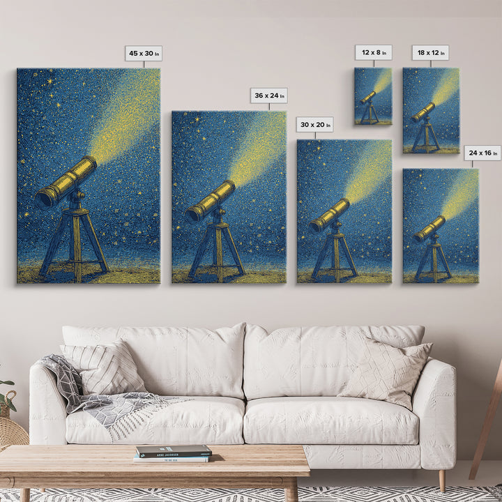 Blue Night Telescope Canvas Print, Mid Century Modern Astronomy Poster, Starry Space Wall Decor, Retro Science Gift For Him