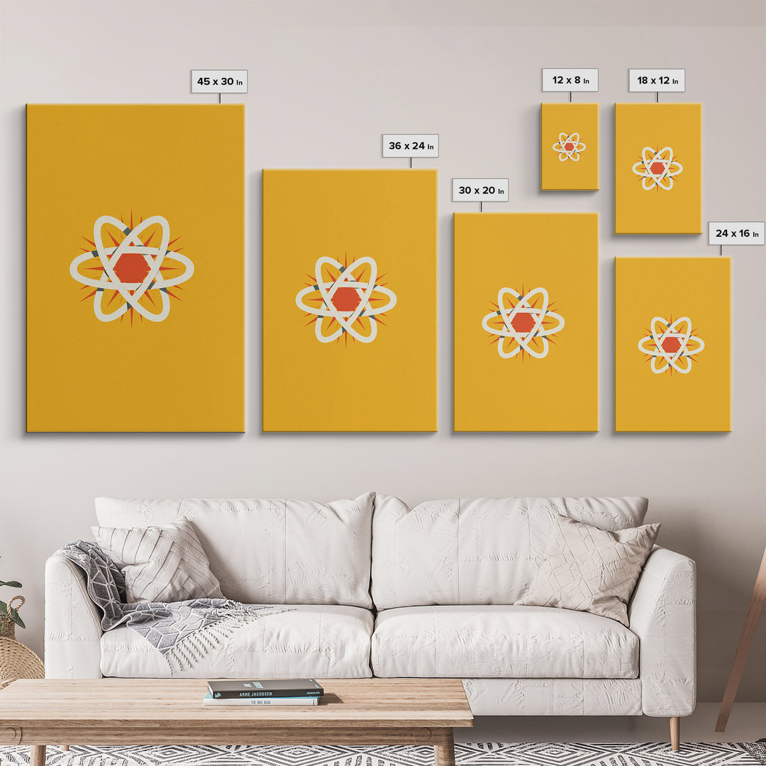 Minimal Atomic Symbol Canvas Print, Mid Century Modern Science Poster, Yellow Orange Geometric Wall Decor, Retro Lab Art