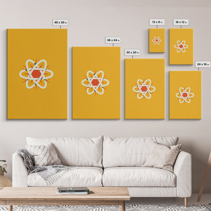 Minimal Atomic Symbol Canvas Print, Mid Century Modern Science Poster, Yellow Orange Geometric Wall Decor, Retro Lab Art