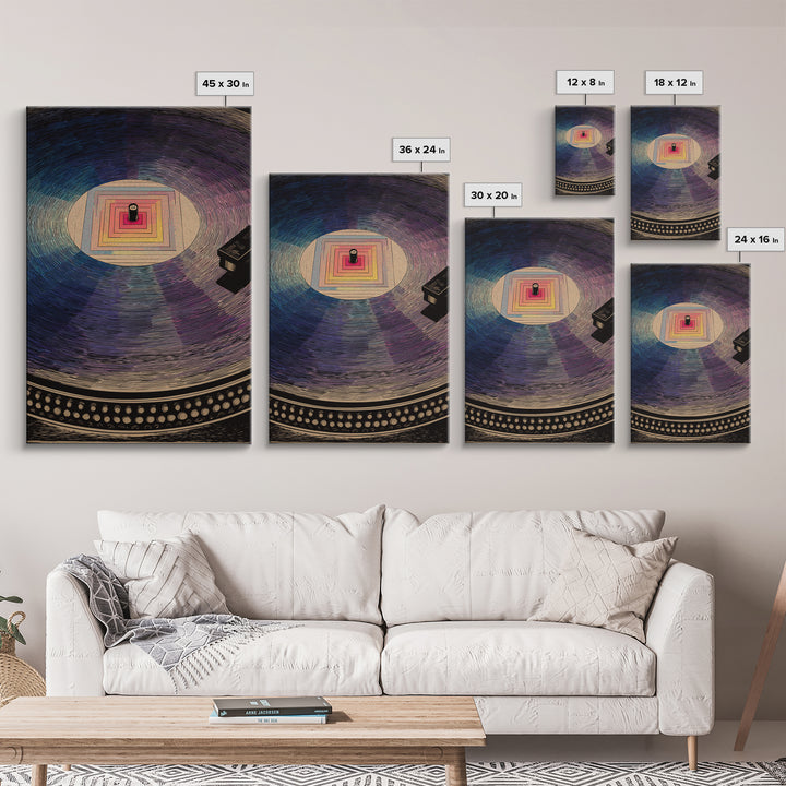 Square Label Vinyl Record Framed Canvas Print, Modern Abstract Wall Art, Retro Turntable Poster, Blue Purple Music Decor