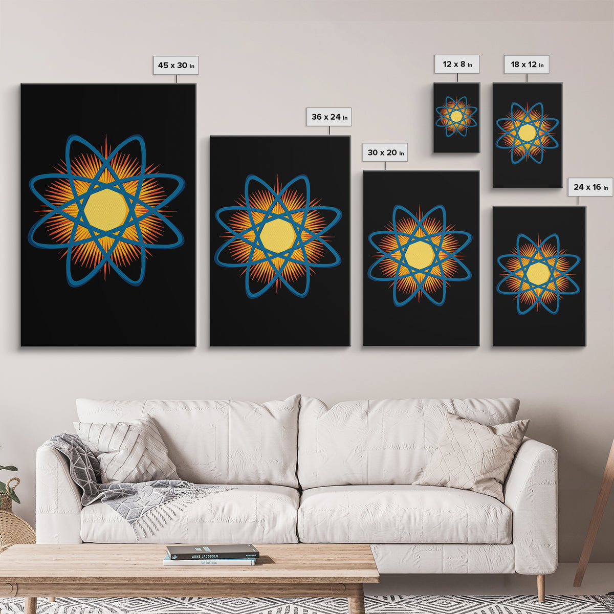 Blue Atomic Orbit Sunburst Wall Art, Midcentury Modern Science Poster, Retro Space Decor, Geometric MCM Art Print For Office