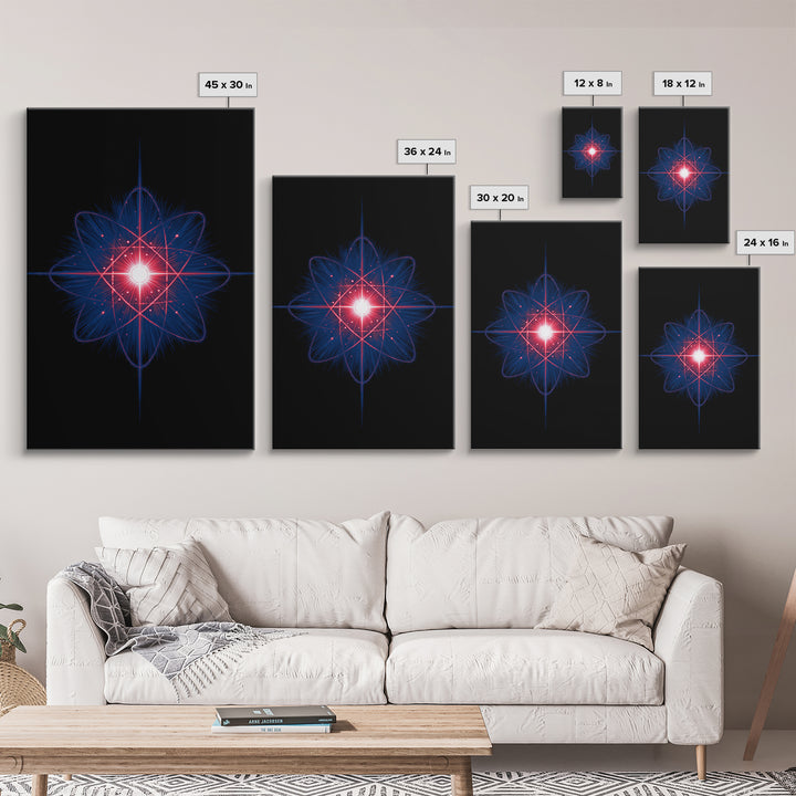 Neon Red Blue Atomic Starburst Canvas Print, Futuristic Space Abstract, Midcentury Modern Wall Decor, Sci Fi Home Office Art